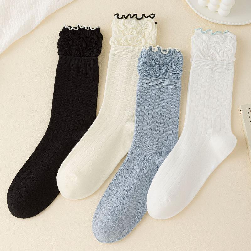 Female Spring and Autumn Solid Color Vertical Bar Hollow Fungus Lace Ballet Wind Drum Pile Socks