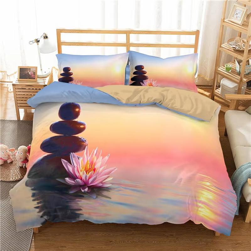 Comforter Zen Stone Green Bamboo Nature Water Print Bedding Set Queen King Size Bedroom Decorative Comforter 2/3 Pcs