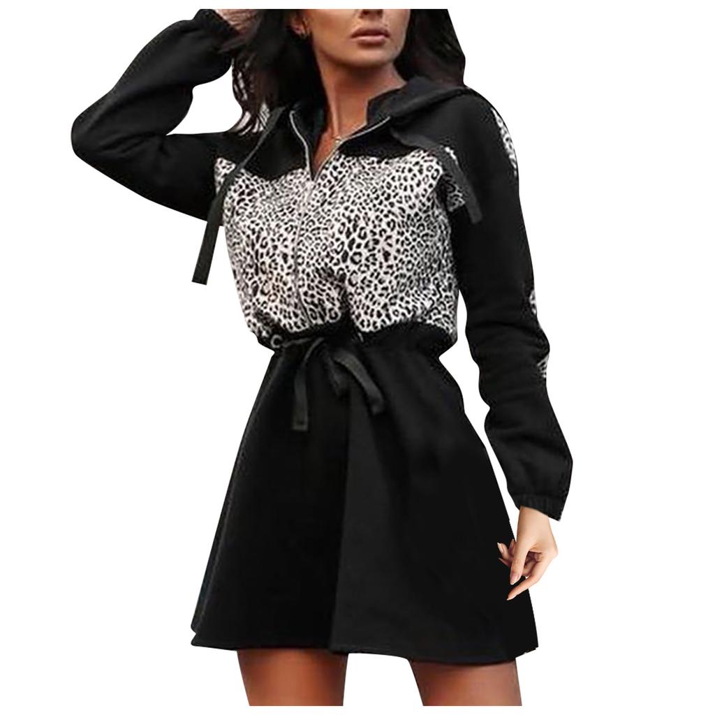 Women's  Leopard Print Patchwork Long-sleeved Hooded Zipper Waist Dress