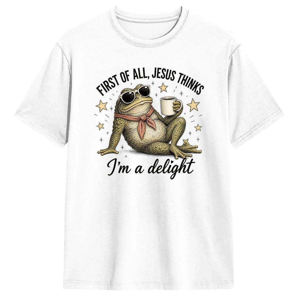 First Of All Jesus Thinks Im A Delight Frog Meme Tshirt Male Streetwear T Shirts Beach Oneck Popular Tee Shirt Wholesale