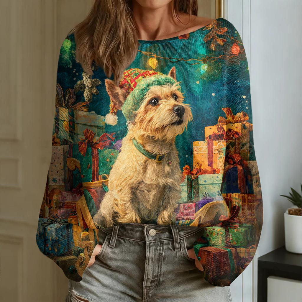 Women's Fashion Round Neck Long Sleeve Christmas Print Casual Pullover Sweater Top