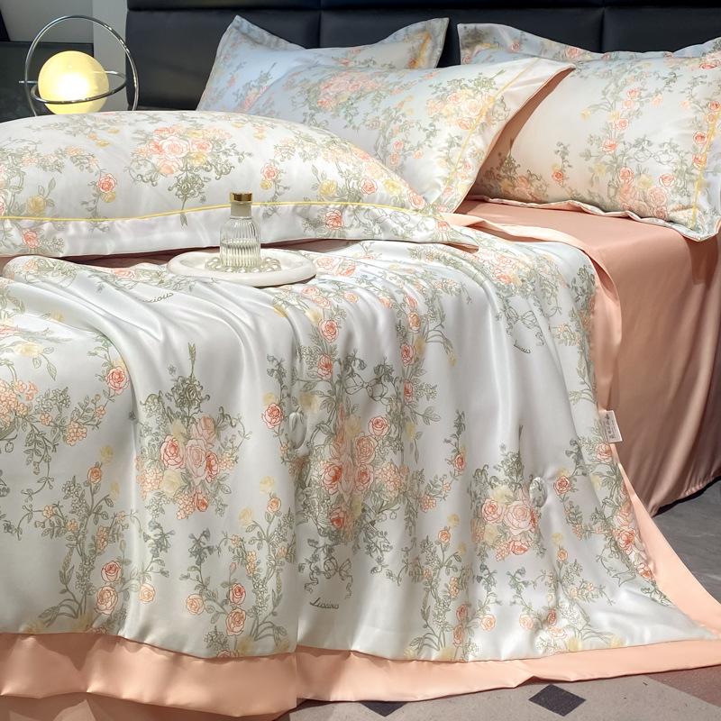 Summer Cool Tencel Quilt Set 4 Piece Includes Summer Blanket Bed Sheet Two Pillowcases Silk Lightweight Quilt For Double Twin Size