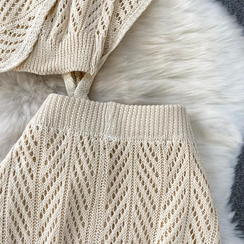 Summer Women Casual Perspective Knitted Sweater 3 Piece Set Sleeve Pullover Top Shawl and Long Midi Sheath Skirt Suit