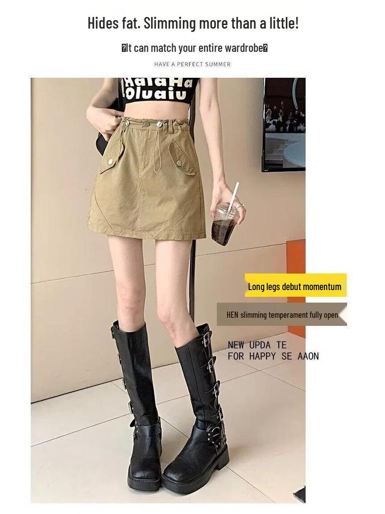 Women's High Waist Gray Workwear Mini Skirt with Drawstring Design