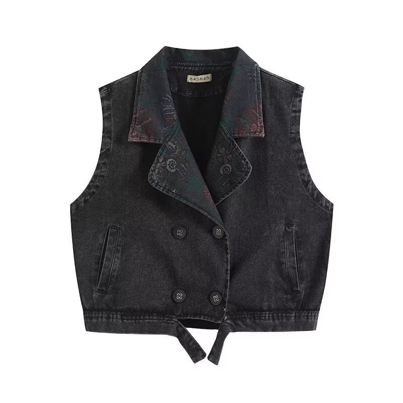 Kaslead New Arrival Women's Clothing Fashion Style Stylish Simple and Versatile Denim Single Breasted Print Loose-Fitting Waistcoat