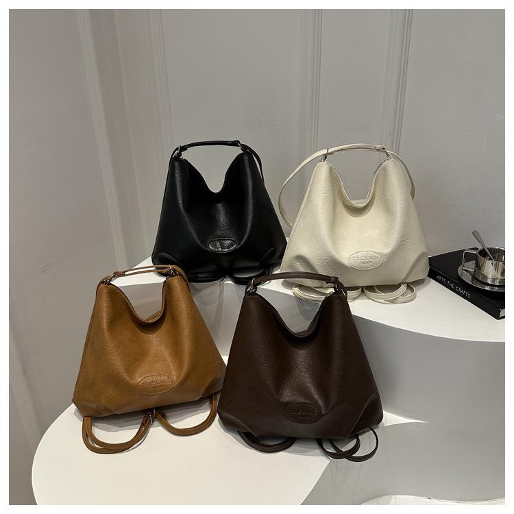 Large Capacity Vintage Style Faux Leather Bucket Bag Simple Solid Color Commuter Shoulder Crossbody Bag