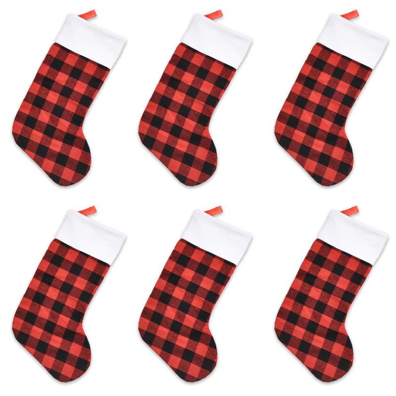 Red and Black Plaid Christmas Stocking Ornaments with Plush Details