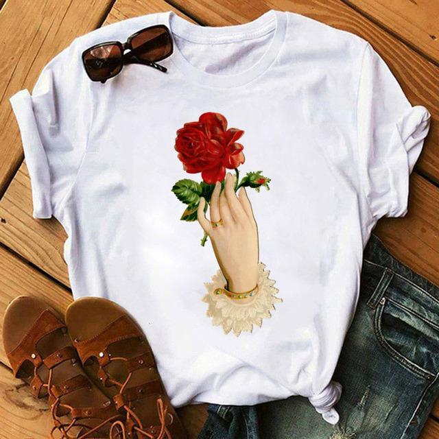 

Fashion Women T Shirt Red Rose Flower Printed T-Shirt Harajuku Short Sleeve Tops Female Ladies Cute Graphic Tee Shirts T-Shirt XXXL