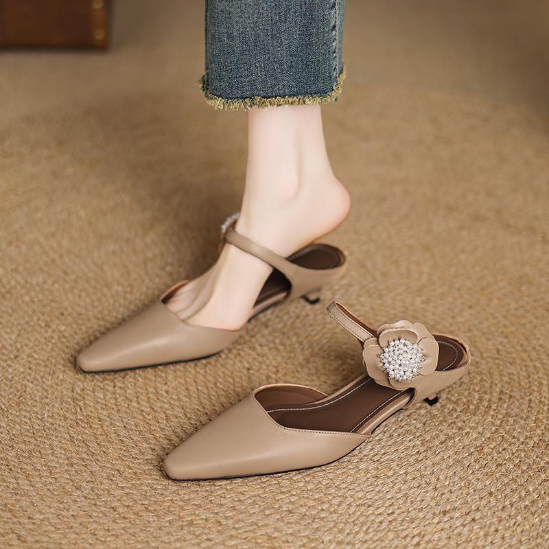 Fashion 2025 NEW Summer Women Mules Genuine Leather Women Shoes Square Toe Low Heel Shoes Cover Toe Slingback Sandals Modern Slippers