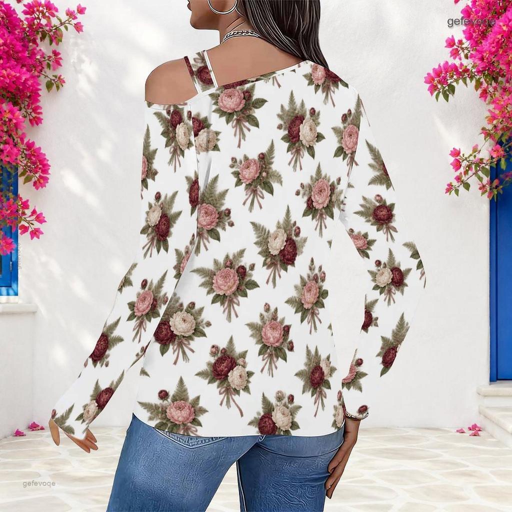 Women Plus Size White Floral Printed Asymmetric Cutout Neck Cold Shoulder Long Sleeve Fitted Top
