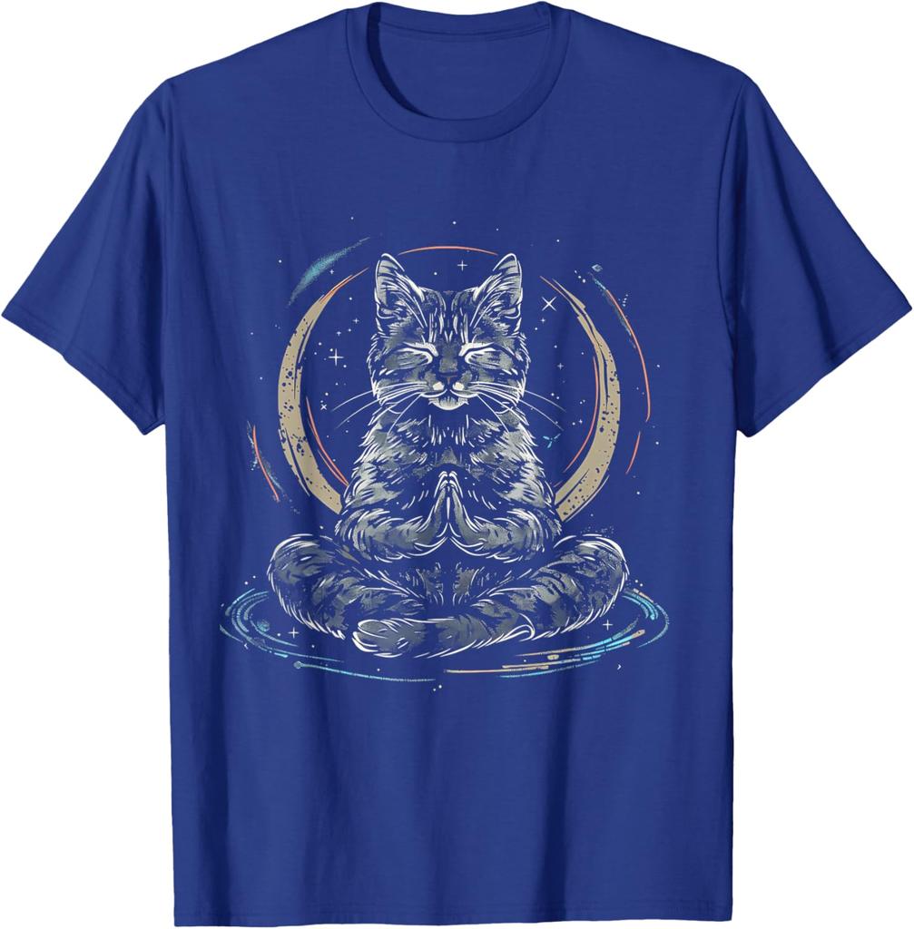 Cosmic Meditation Cat Spiritual Yoga Zen Buddha Graphic Tee Men's Casual Cotton T-Shirt