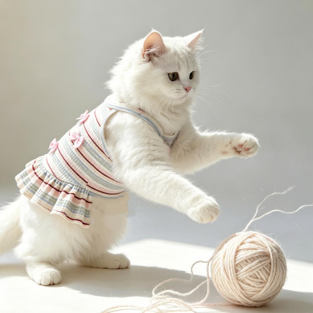 1PC   Striped Pet Dog Suspender Dress with Pink Bow Decor, Breathable Rib Knit Ruffle Hem Puppy Princess Skirt