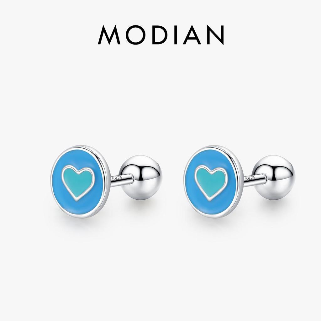 MODIAN 925 Sterling Silver Enamel Heart Simple Round Stud Earrings Minimalist Screw Beads Earrings For Women Fine Jewelry Gifts