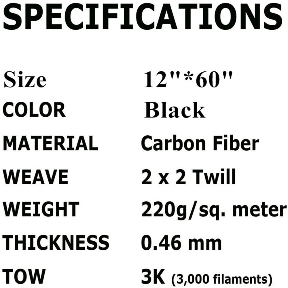 12"× 60" Real Carbon Fiber Fabric 3K 220Gsm 2X2 Twill Weave Cloth Black