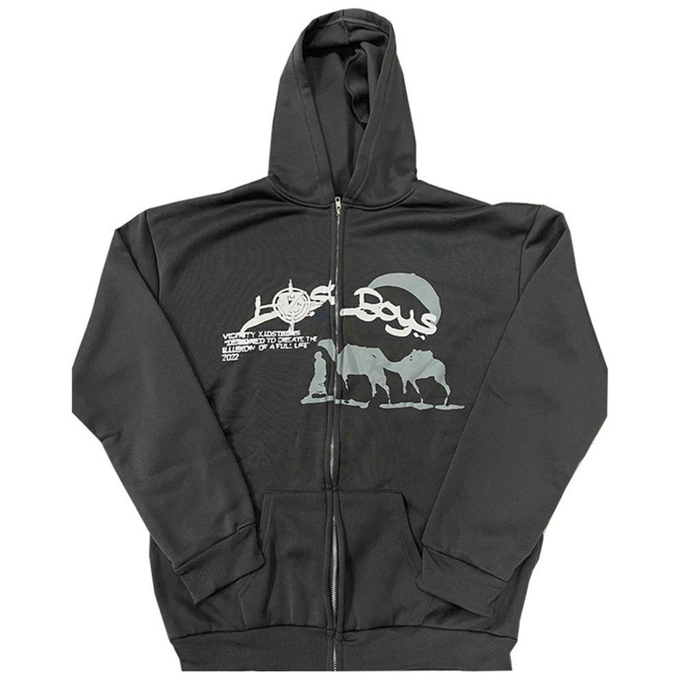 

Чоловічий вінтажний світшот з капюшоном і блискавкою Y2K з довгим рукавом, велика куртка, готична толстовка Harajuku 2XL темно-сірий