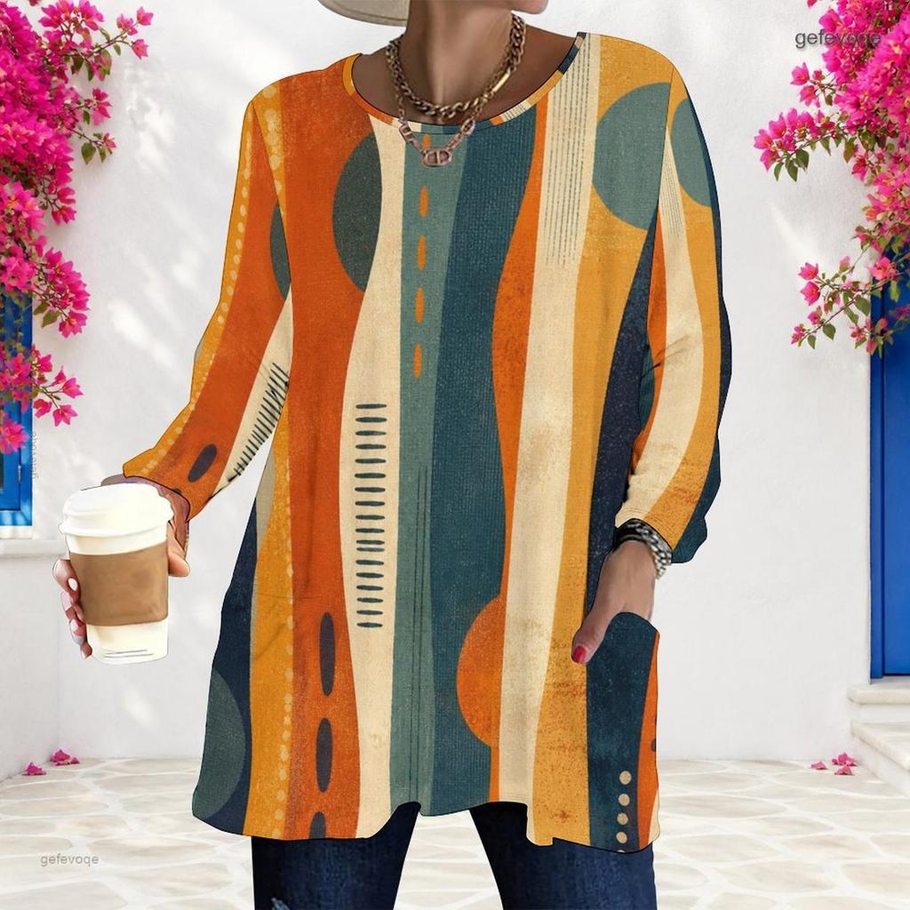 Women Plus Size Blue Pink Geometric Printed Round Neck Long Sleeve Loose Longline T Shirt With Pockets