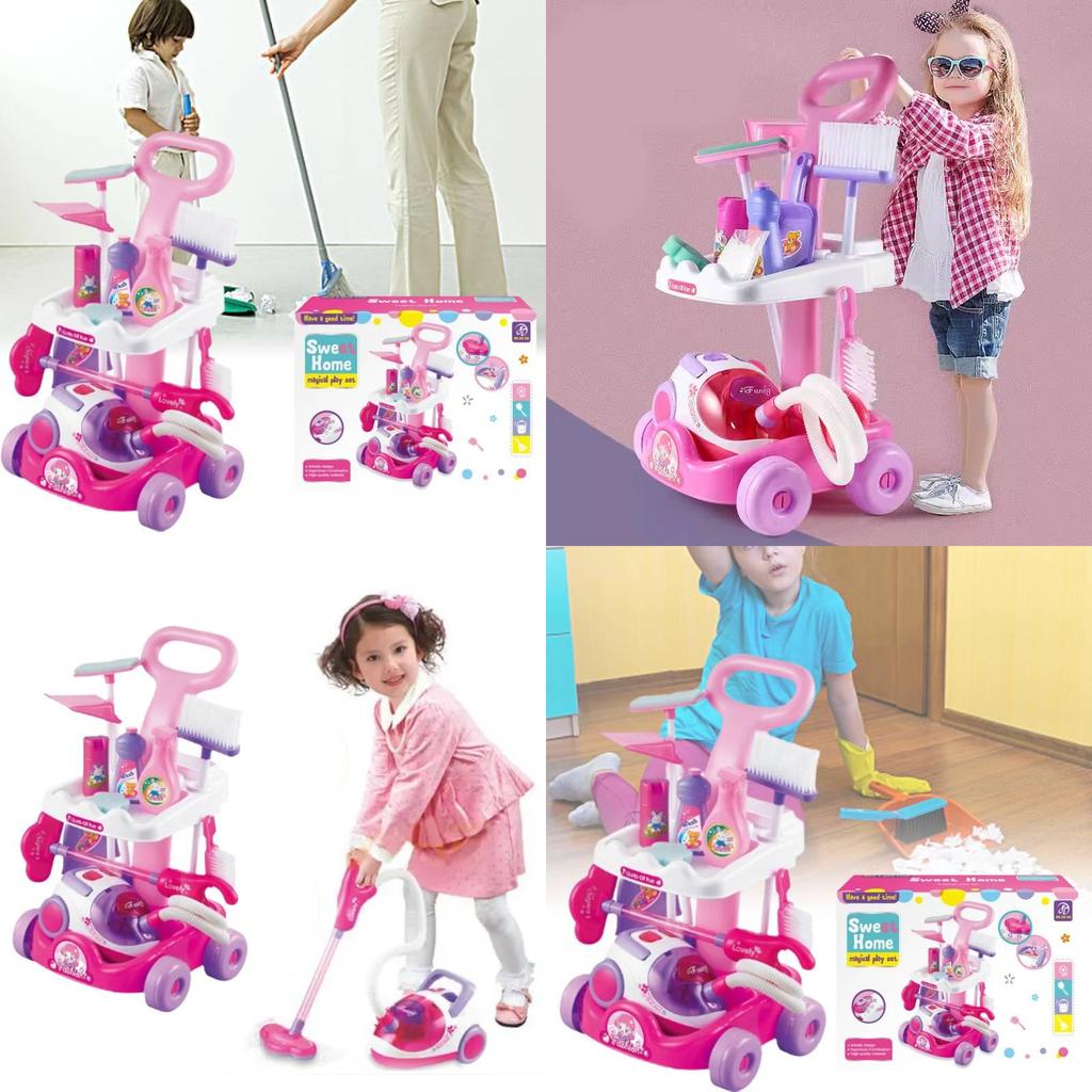 Interactive Kids Play Vacuum Set Plastic Cleaning Tool Cart With Ice Cream Cash Register