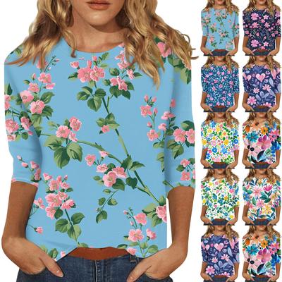 Damen-T-Shirt mit Blumendruck und Rundhalsausschnitt und Dreiviertelärmeln, T-Shirt mit Dreiviertelärmeln