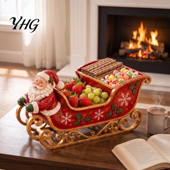 Retro Christmas Decoration Santa Sleigh Table Centerpiece, Multi?Compartment Candy Fruit Serving Bowl, Holiday Home Ornament Festive Tabletop