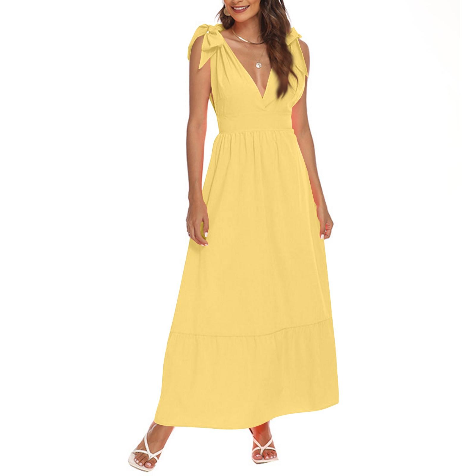 

Женское повседневное однотонное бохо-пляжное платье А-силуэта со шнуровкой и V-образным вырезом на подтяжках L жёлтый
