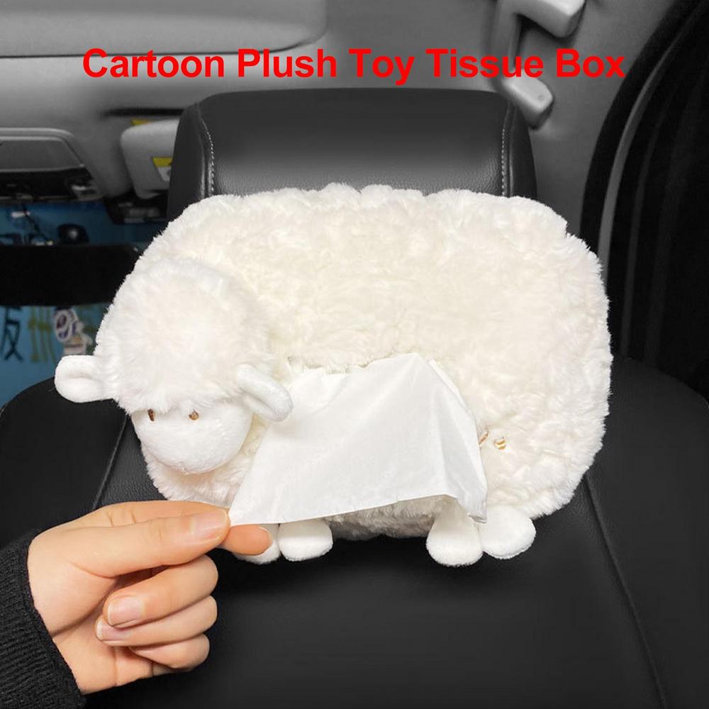 Car Tissue Holder Cartoon Sheep Soft Plush Wipes Dispenser Tissue Box Car Organizer Cute Car Interior Accessories