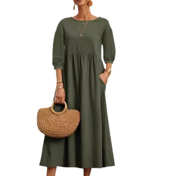 Women Solid Color Cotton Linen Midi Dress Round Neck 3/4 Puff Sleeve Loose Casual Sundress With Pockets Summer Vacation Beach Dress