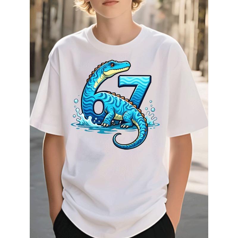 Boys Crewneck Tee, Funny 67 Crocodile Dinosaur Water Splash Print Black Short Sleeve Top 110