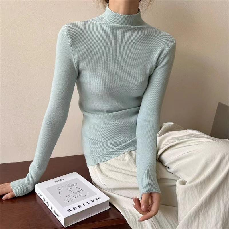 

Women s Autumn Winter Half-High Neck Candy-Colored Sweater - Slim-Fit Inner Wear Knit Top Minimalist Knit Base Layer One Size