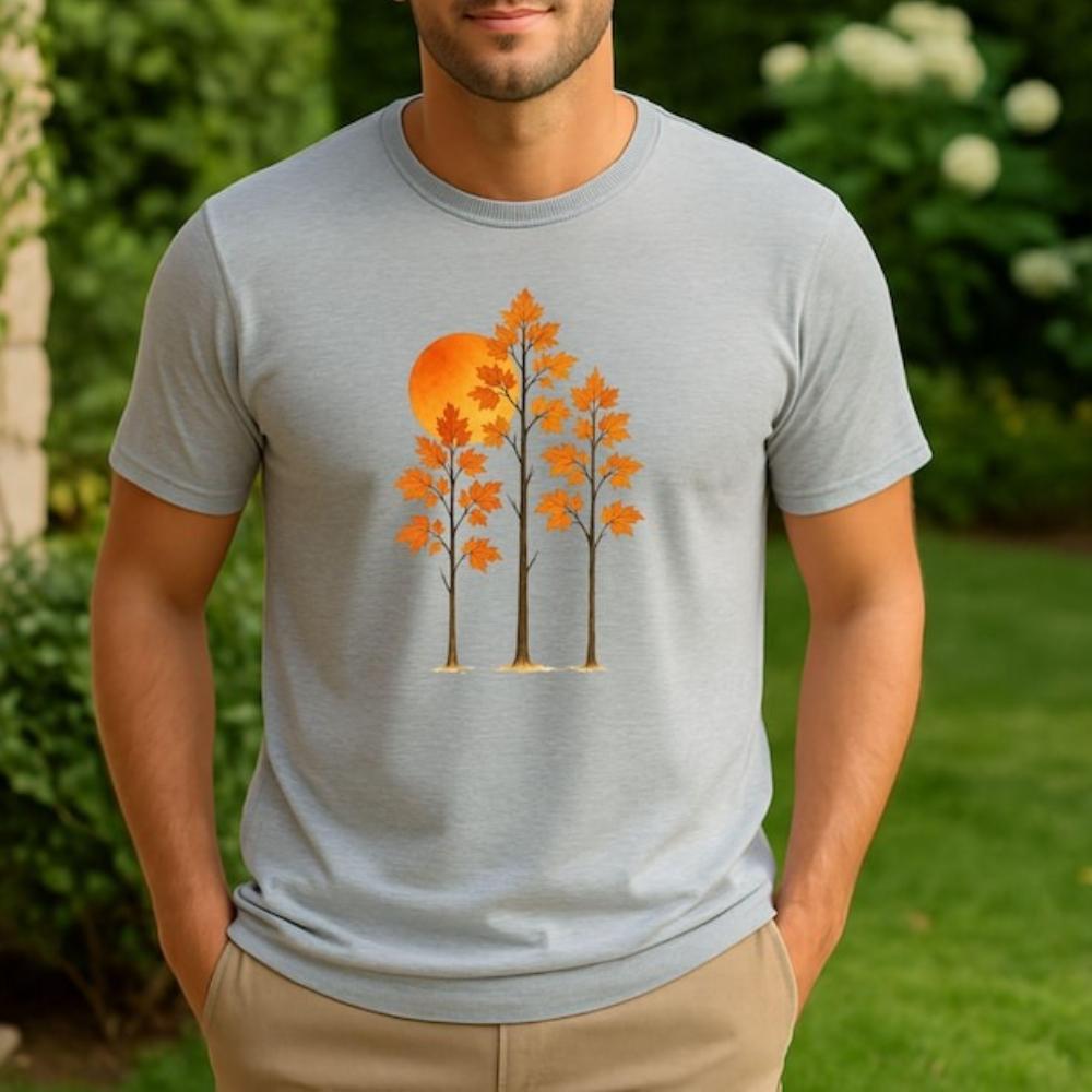 With Autumn Leaves Forest and Sunset TShirt Fall Nature Man Cotton Graphic T Shirts Vintage Aesthetic Unisex Shortsleev Tops
