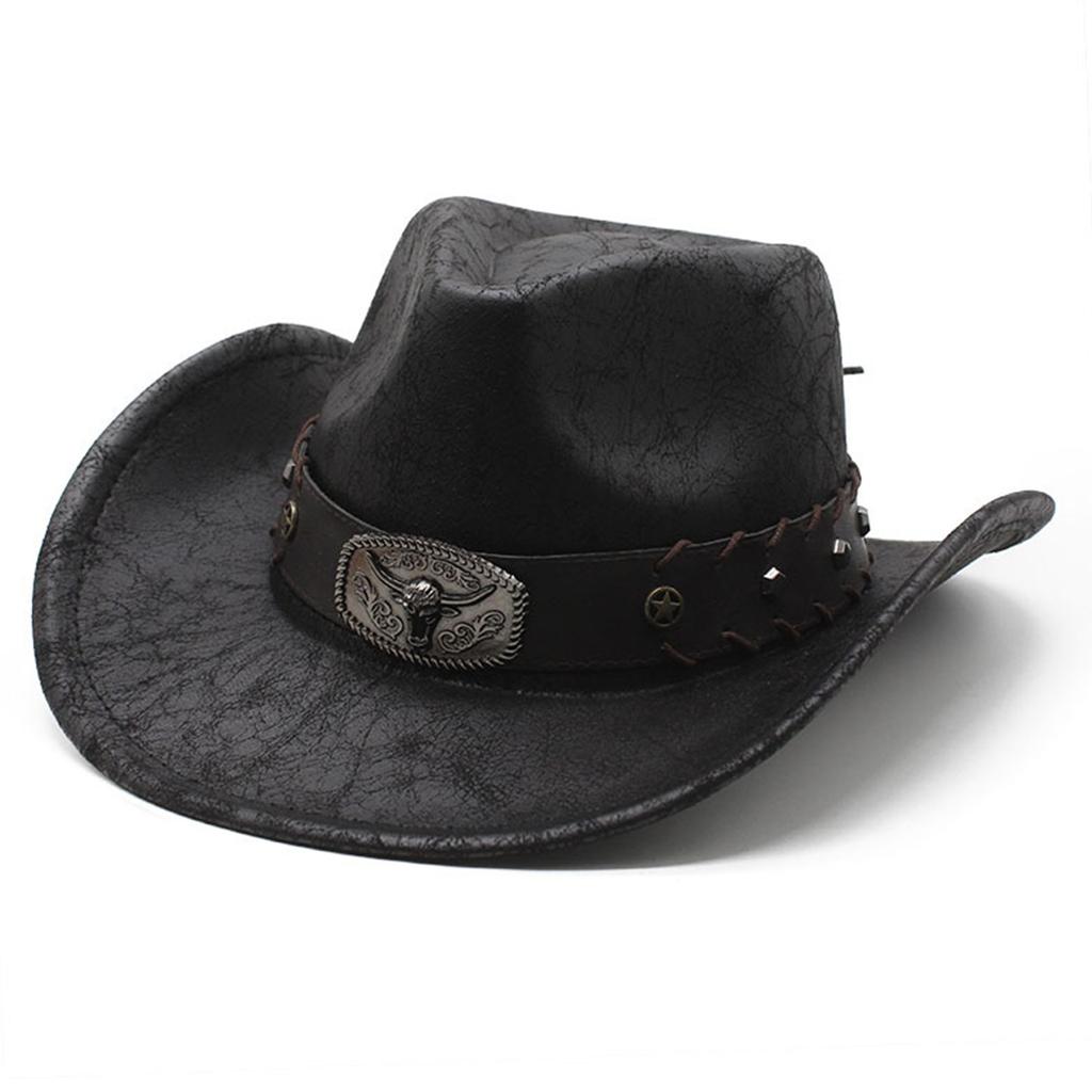 Rolled Brim Cowboy Hat for Woman Men Wear Resistant Cowboy Hat with Hat Band Western Style Large Brim Windproof Hat