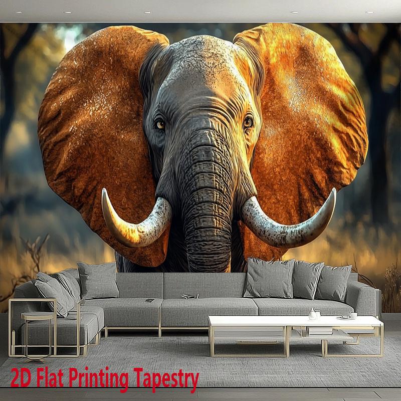 Realistic African Elephant Tapestry Majestic Tusker in Savannah Wall Hanging Wild Animal Room Decor suitable offices bars party