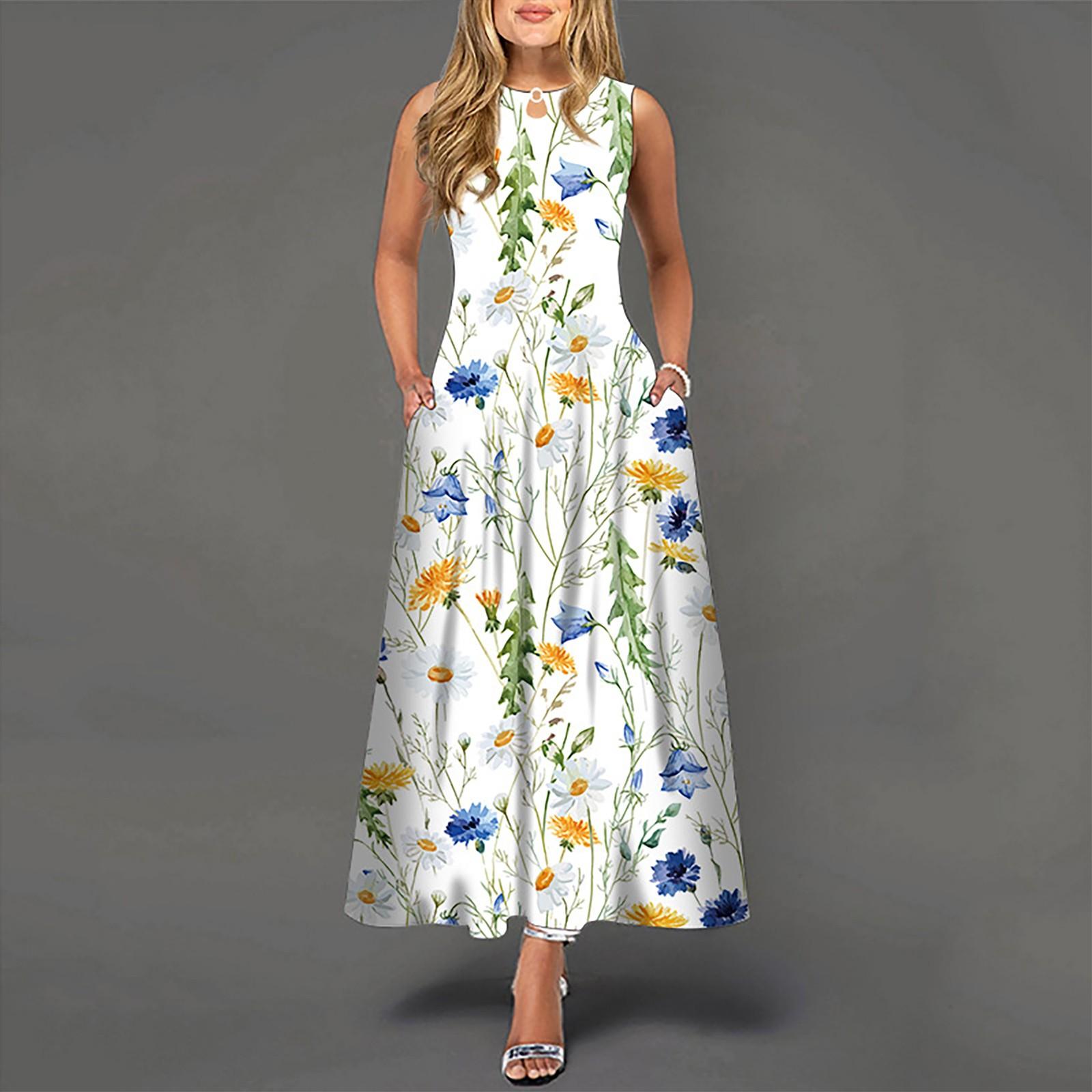 

Women s Casual Printing Big Hem Dresswave Round Neck Sleeveless Long Dress M білий