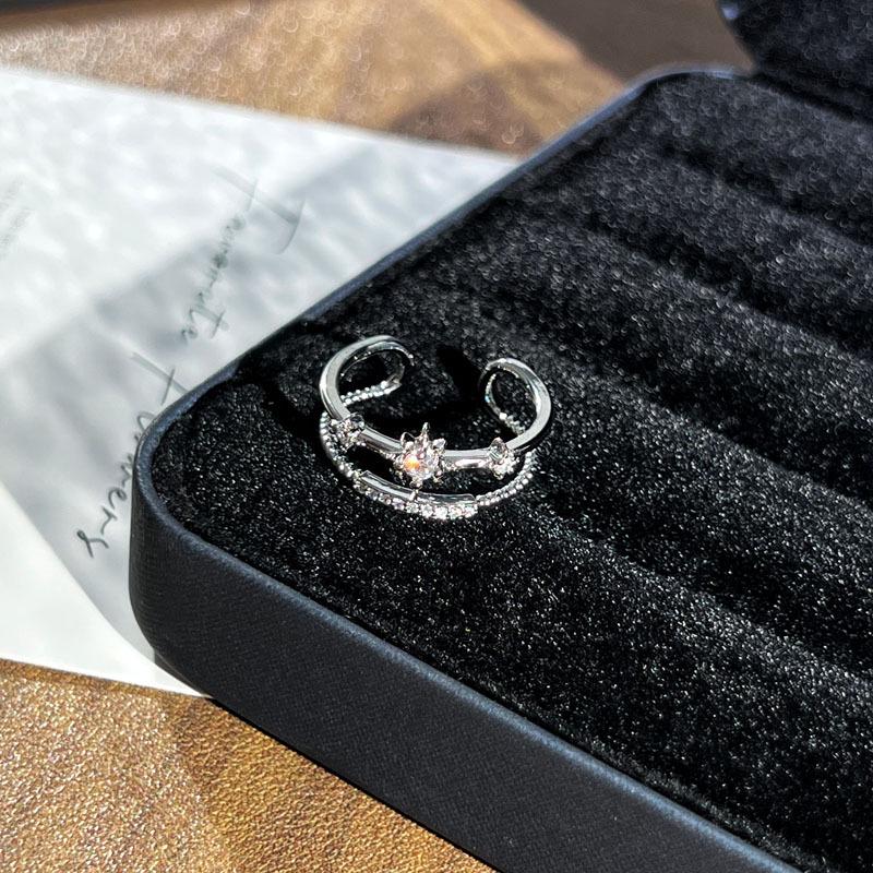 Korean Double Layer Hollow Starry Open Ring - Women's Elegant Simple Style Finger Ring