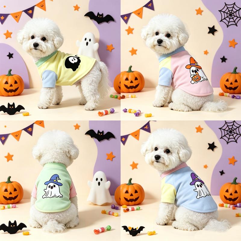 Halloween Cute Ghost Print Pet T‑Shirt Cats & Dogs Soft Cotton Clothes Outfit For Bichon French Bulldog Holiday Party Costume