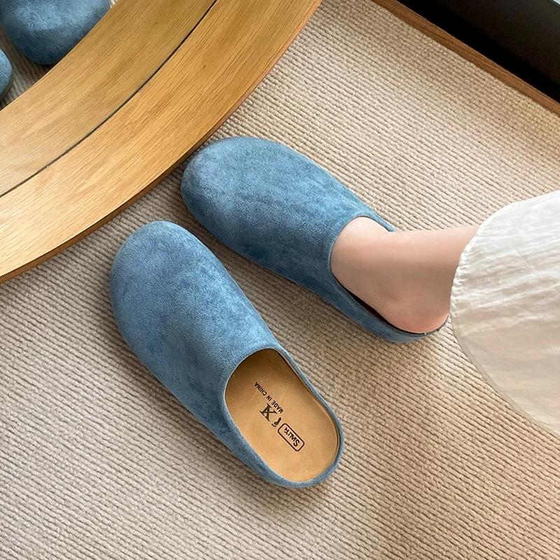 Fashion New Retro Solid Color Flat Bottom Women's Shoes Ladies Slides Fashion Suede Slippers Mules Casual Cozy Female Sandals