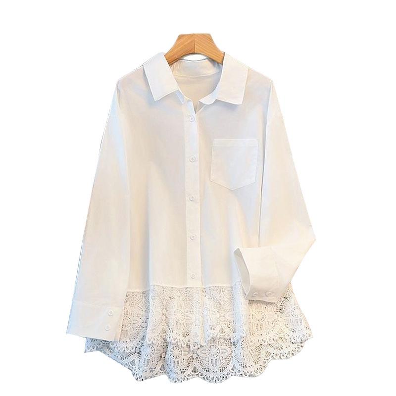 Plus Size Women's Long Sleeve Lace Trim Shirt – Early Spring Layering White Top