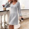 European and American Women's V-Neck Ribbed Knit Slim Knee-Length Dress - Autumn/Winter Collection '24.