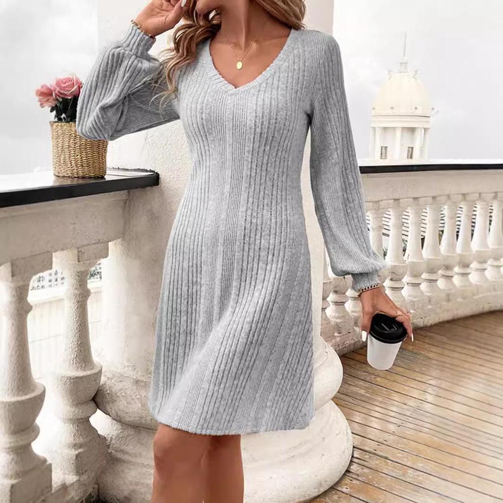 European and American Women's V-Neck Ribbed Knit Slim Knee-Length Dress - Autumn/Winter Collection '24.
