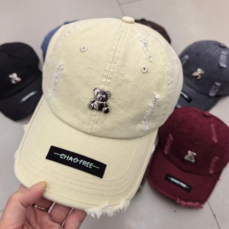 Bear Baseball Cap Ripped Washed Hat Retro Big Head Soft Top Cap Sun Protection