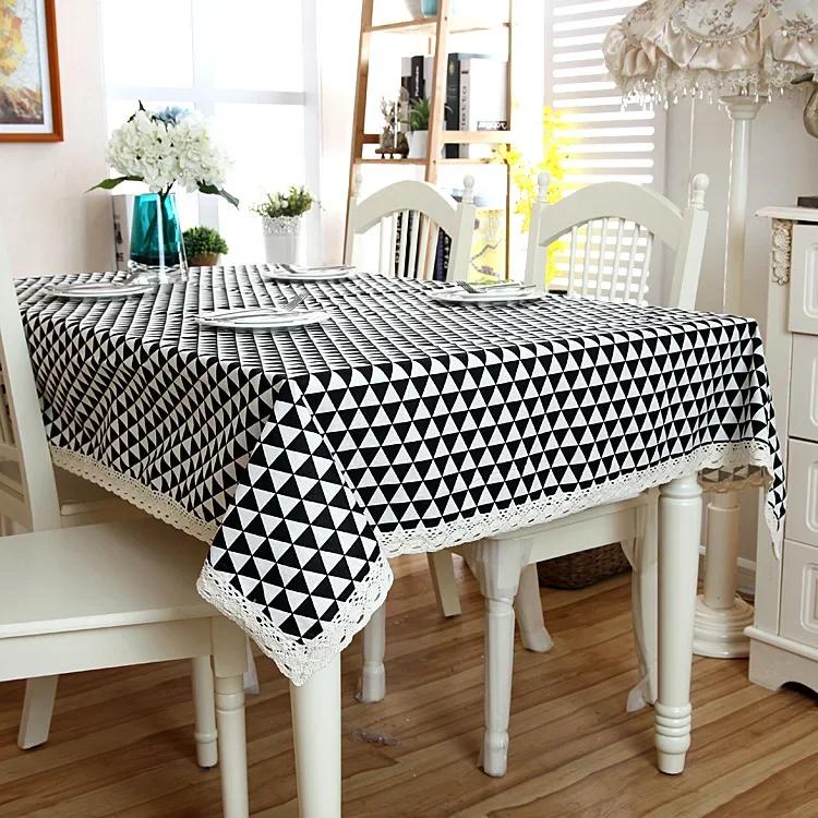 Nordic Style Christmas Plaid Tablecloth Soft Cotton Linen Map with Lace Hem Modern Rectangular and Round Cover for Dining Table