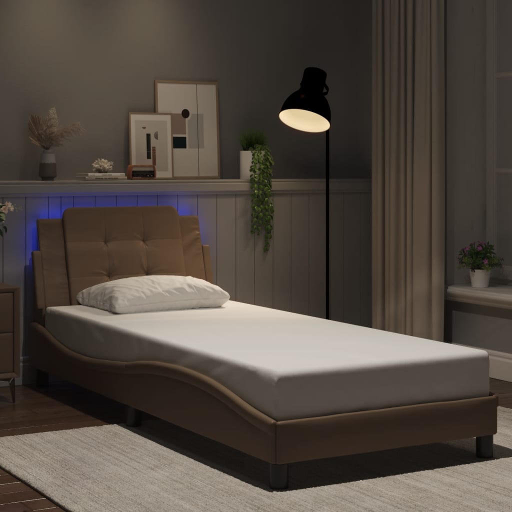 Vidaxl Bed Frame With LED, Color Cappuccino, 90X190 Cm, Faux Leather