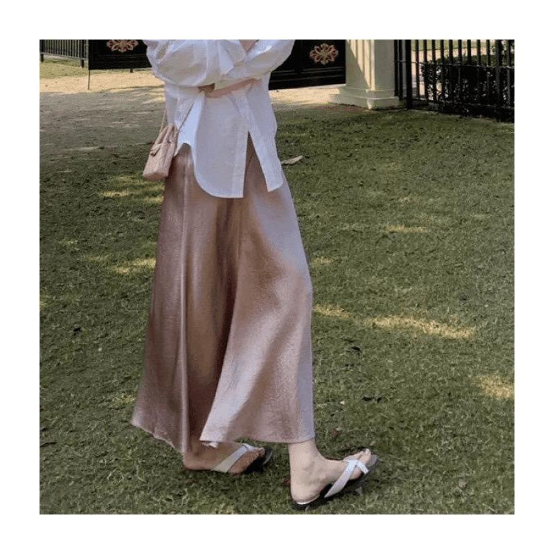 Plus Size A-Line Satin Pleated Fishtail Midi Skirt with Slit Small розовый