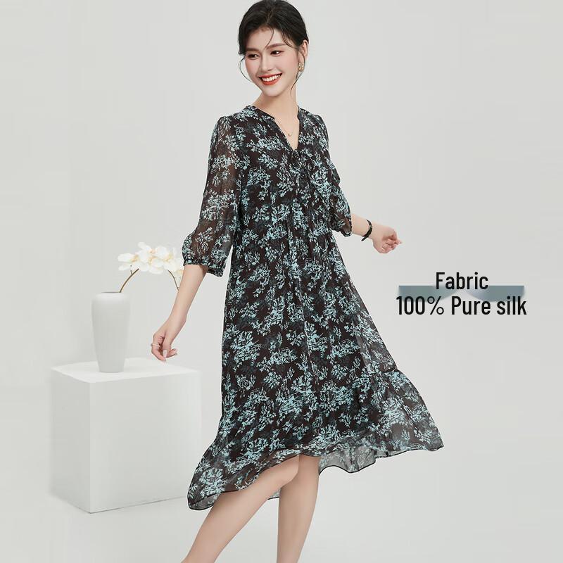 

100% Mulberry Silk Floral V-Neck Midi Dress XL