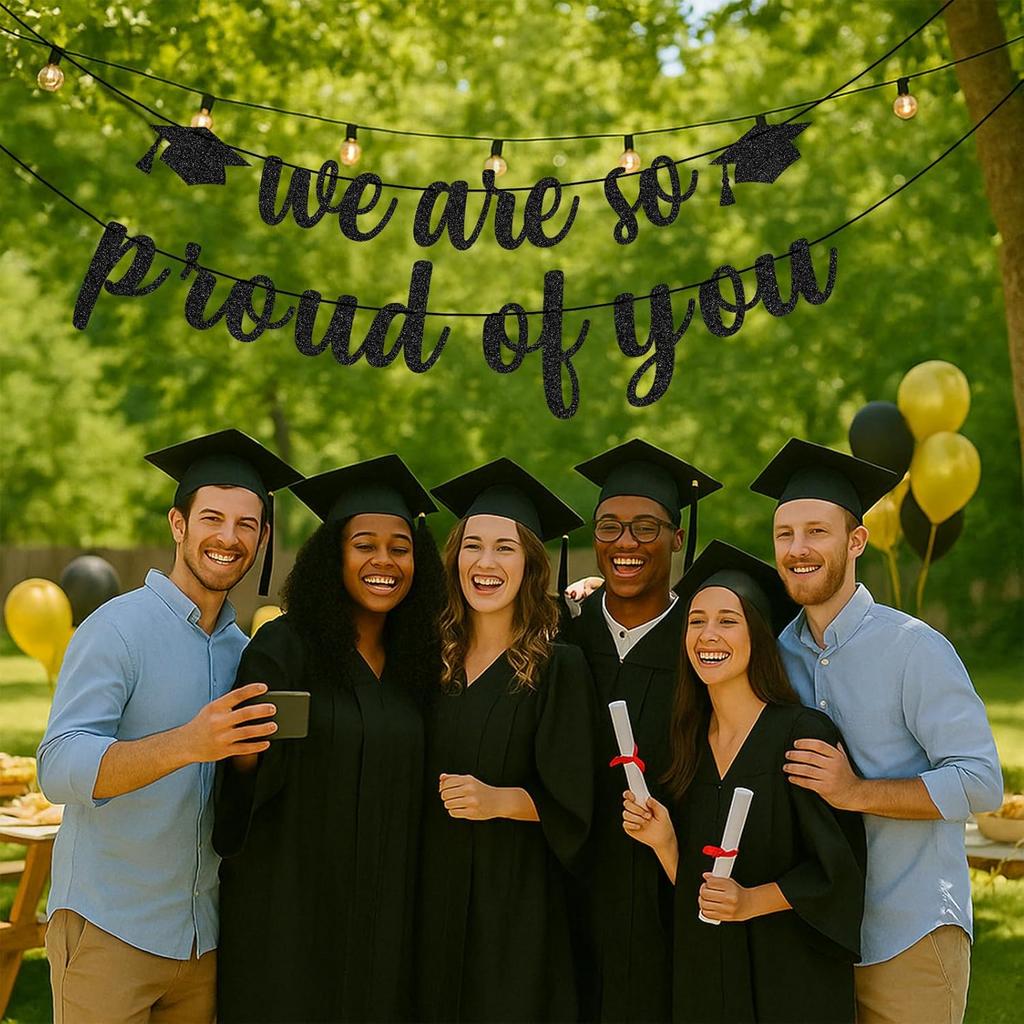 We Are So Proud of You Banner – Black Glitter Graduation Decorations 2025, Pre-Strung Congrats Grad Banner for College, High School, Senior Party,