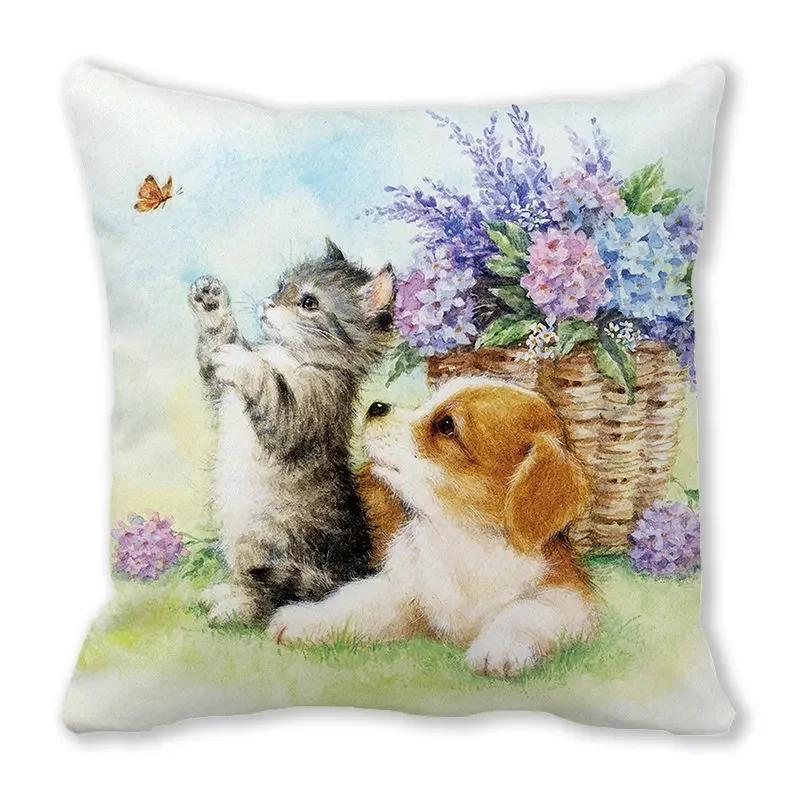 Urocza poszewka na poduszkę z nadrukiem zwierzęcym kota i psa do dekoracji sofy w salonie domowym, kwadratowa poszewka 45x45cm