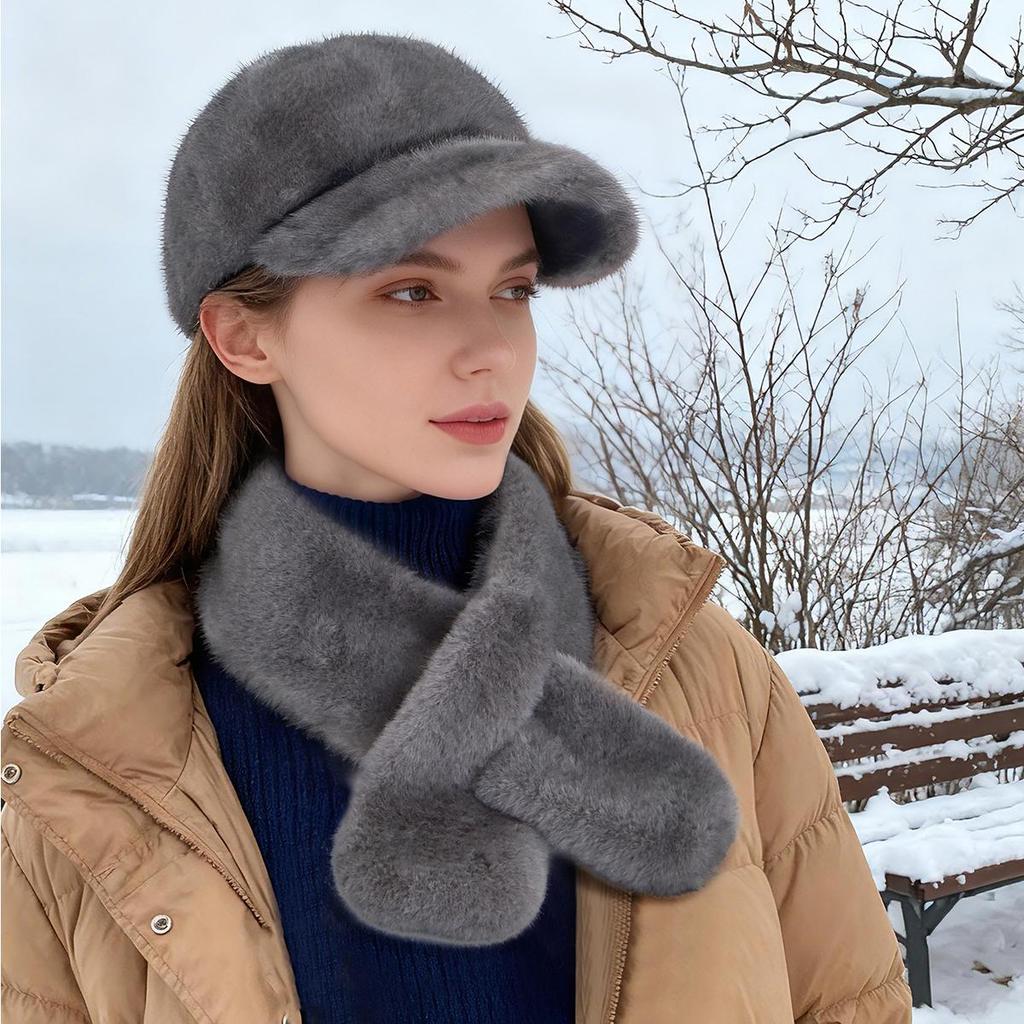 Autumn Winter Women's Faux Mink Fur Baseball Cap, Faux Fur Warm Hat Scarf Set 2Pcs, Outdoor Travel Lady Cap & Scarf Combo