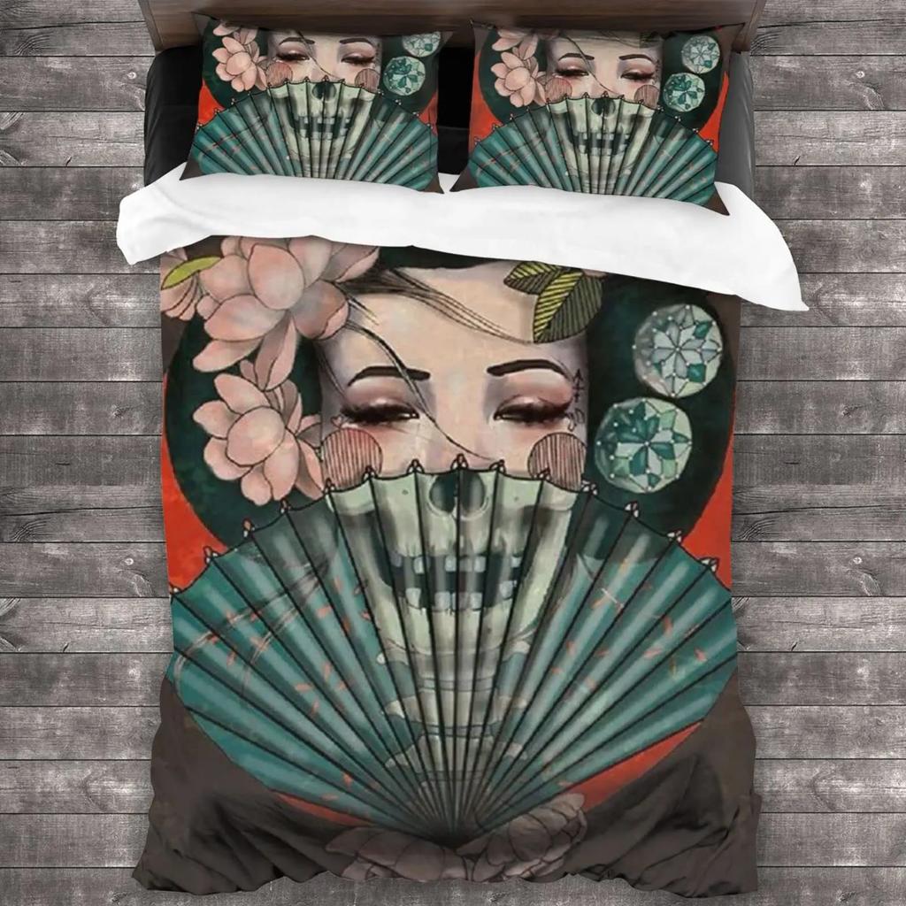 Japanese Geisha King Queen Duvet Cover Red Woman Bedding Set For Kids Teens Adults Koi Fish Eastern Culture 2/3Pcs Quilt Cover