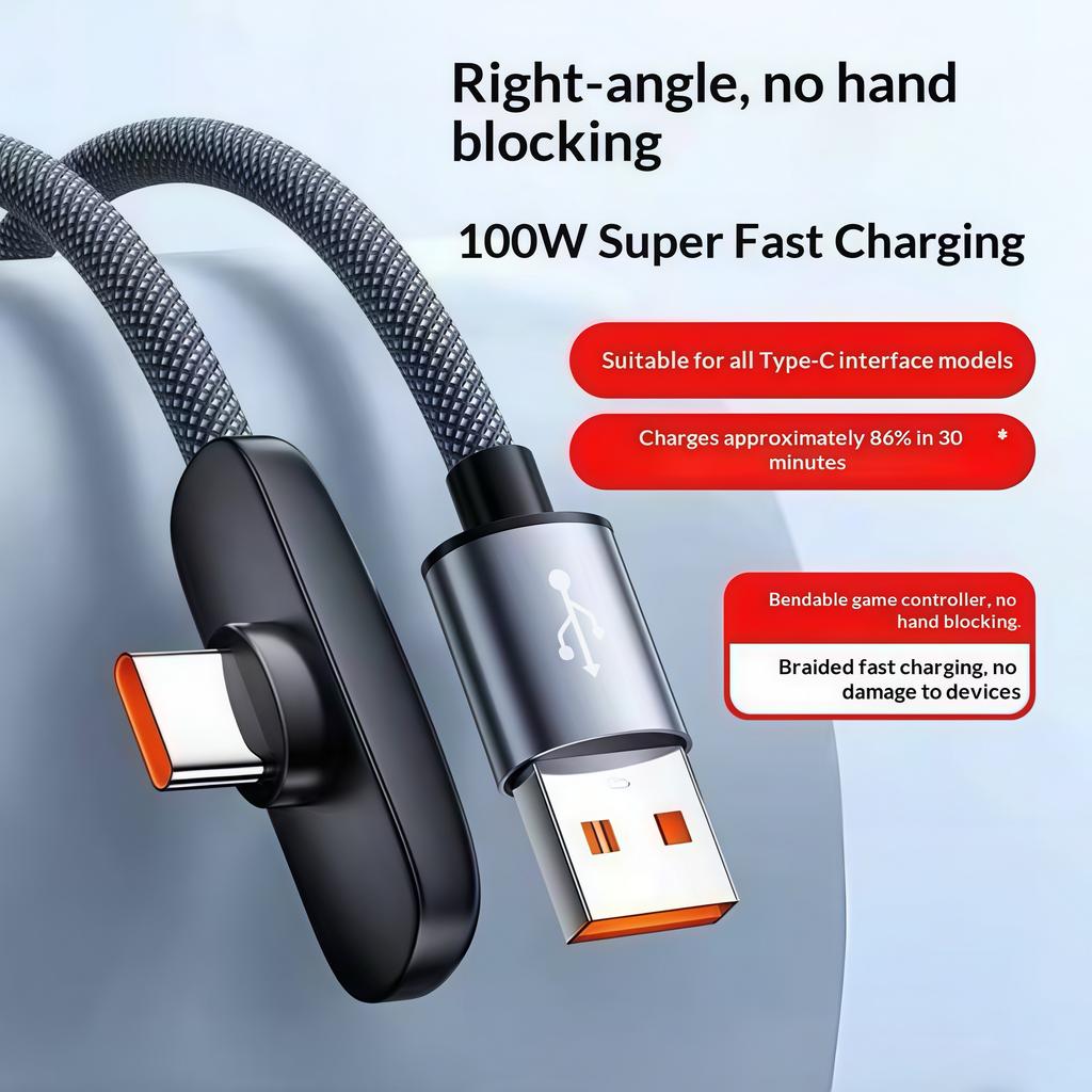 100W 6A Type C Gaming Cable, 90° Right Angle USB A to USB C Nylon Braided Fast Charging Data Cord for Samsung Xiaomi Huawei