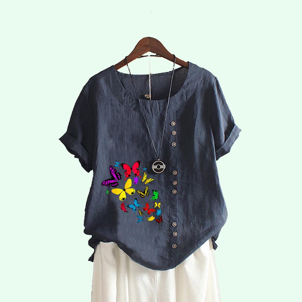 Women Fashion Butterfly Print Short Sleeve T-shirt Summer Casual Round Neck Pullover Loose Cotton Linen Blouses