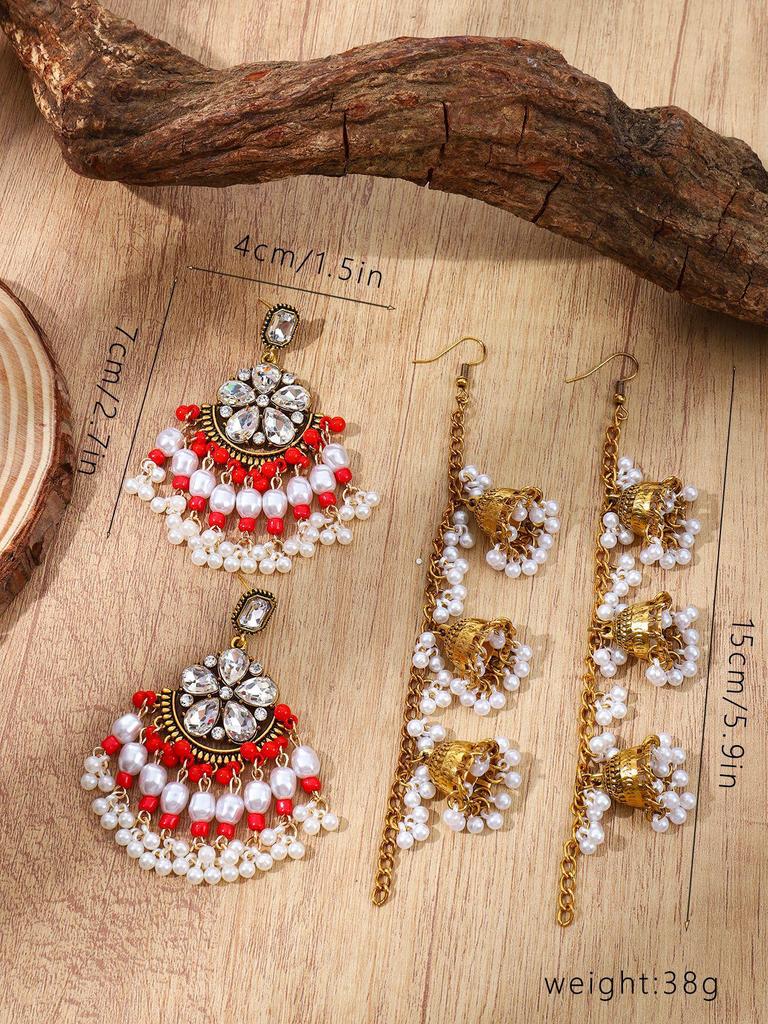 Bohemian Ethnic Rhinestone Flower Bell Earring & Hair Chain Set